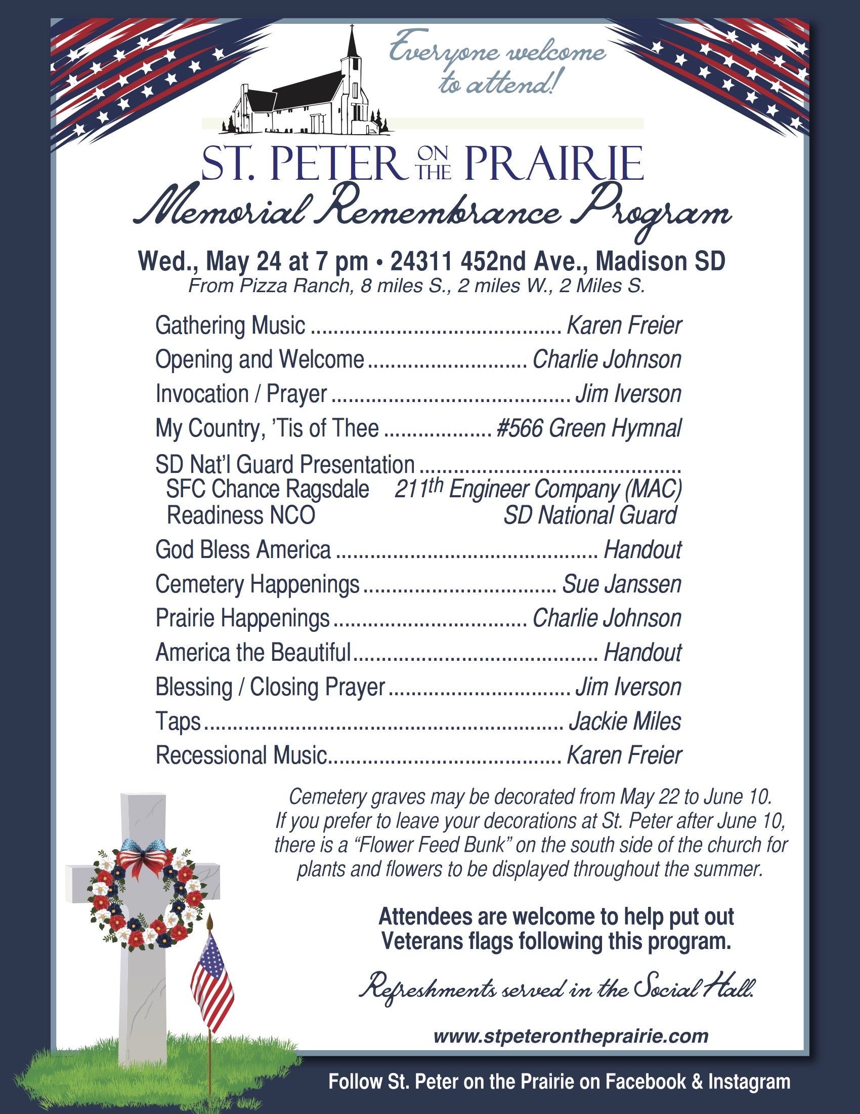 <h1 class="tribe-events-single-event-title">St. Peter on the Prairie Memorial Remembrance Program</h1>
