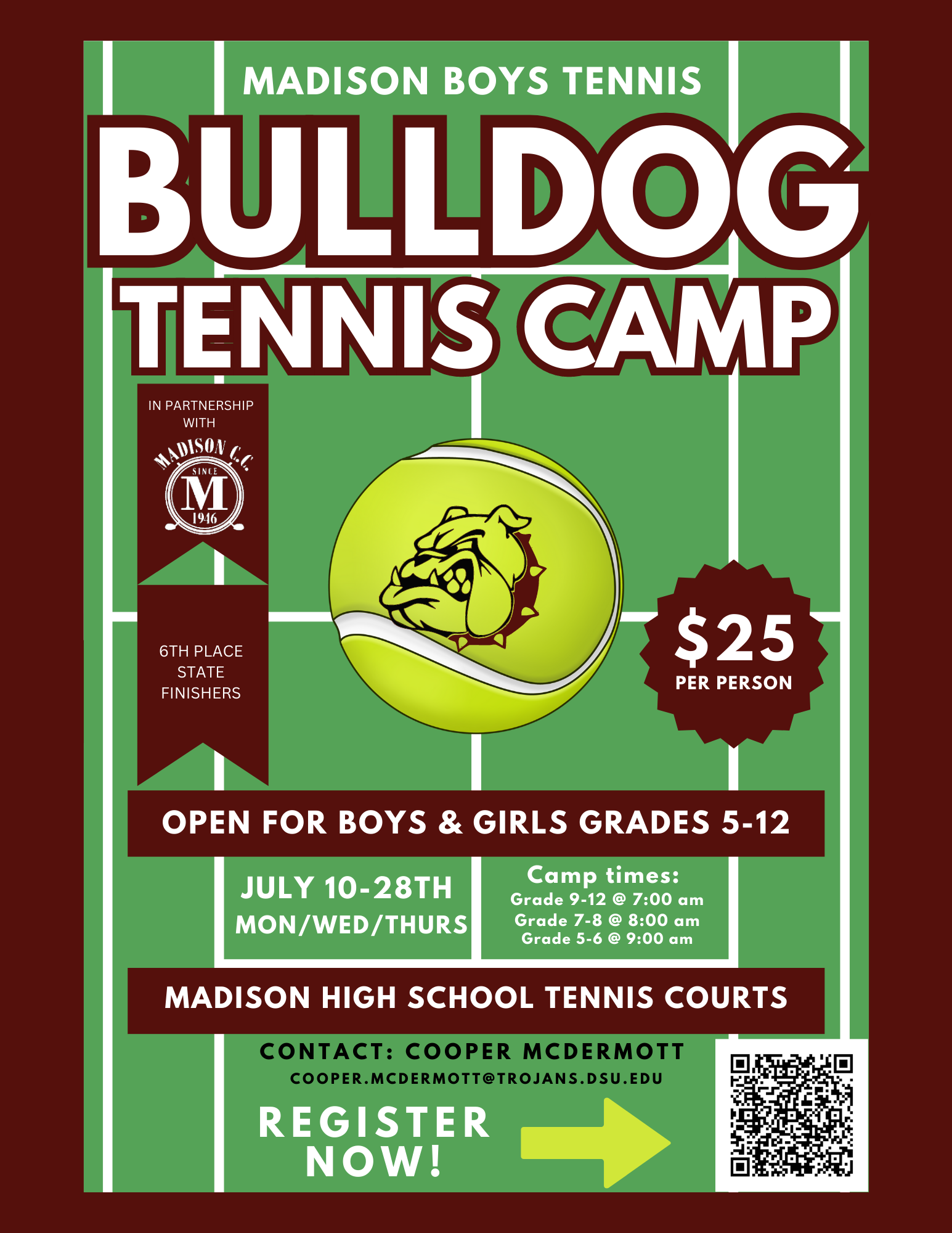 <h1 class="tribe-events-single-event-title">Madison High School Bulldog Tennis Camp</h1>